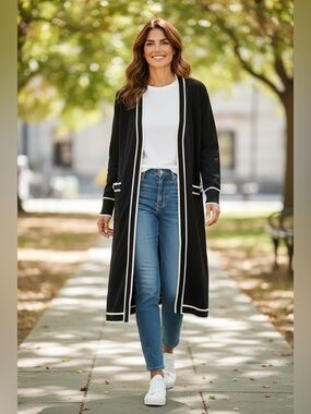 Vera Milano Longline Open‎ Front Cardigan Black White Trim Button Pocket Size M
